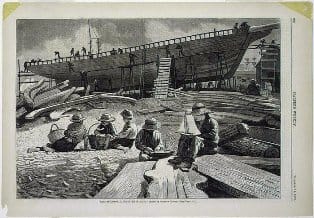 After Winslow Homer, Ship-Building, Gloucester Harbor, published 1873, wood engraving on newsprint, Avalon Fund