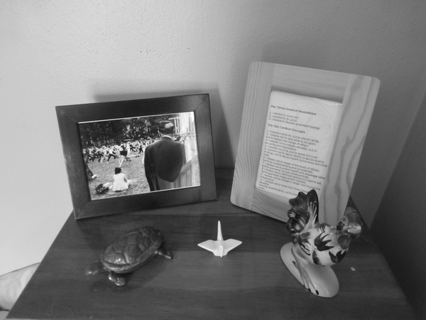 Turtle from Nancy Hamilton; photo by Reuben Radding; crane from Irene Jaglowski; chicken from Gina Thompson; Buddhist precepts framed by me.